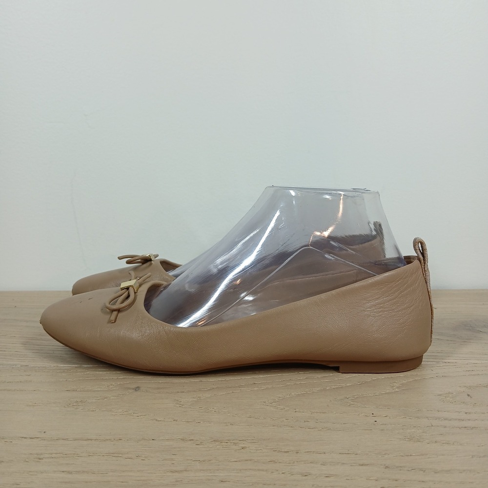 Michael Kors Flats Women 7.5 Tan Leather Ballet Bow Slip On Minimal Classic